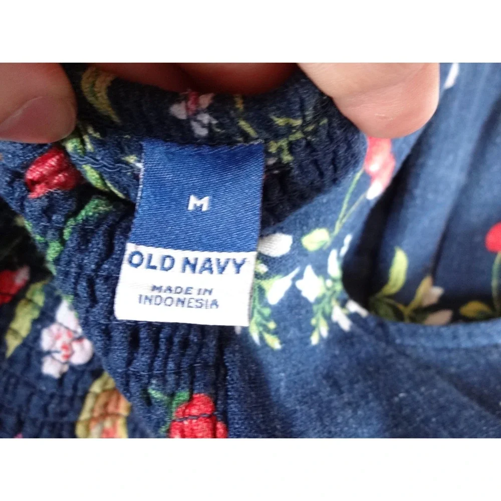Old Navy Fruit Print Dress Women Medium Navy Linen Blend Smocked Cottagecore NWT